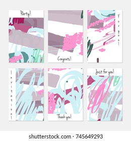 Hand drawn creative universal invitation greeting cards template. Abstract scribbles doodles bright colors.Birthday, wedding, party, social media banners templates. Isolated vector card templates.