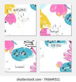 Hand drawn creative universal invitation greeting card template. Abstract scribbles doodles bright colors.Birthday, wedding, party, social media banners templates. Isolated vector card templates.