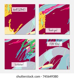 Hand drawn creative universal invitation greeting card template. Abstract scribbles doodles bright colors.Birthday, wedding, party, social media banners templates. Isolated vector card templates.