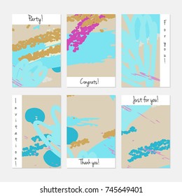 Hand drawn creative universal invitation greeting cards template. Abstract scribbles doodles bright colors.Birthday, wedding, party, social media banners templates. Isolated vector card templates.