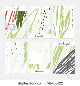 Hand drawn creative universal invitation greeting cards template. Abstract scribbles doodles bright colors.Birthday, wedding, party, social media banners templates. Isolated vector card templates.