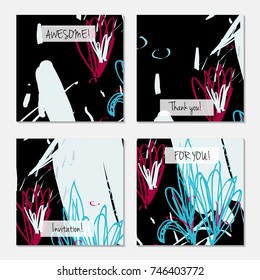 Hand drawn creative universal invitation greeting card template. Abstract scribbles doodles bright colors.Birthday, wedding, party, social media banners templates. Isolated vector card templates.