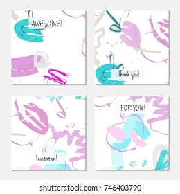 Hand drawn creative universal invitation greeting card template. Abstract scribbles doodles bright colors.Birthday, wedding, party, social media banners templates. Isolated vector card templates.