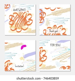 Hand drawn creative universal invitation greeting card template. Abstract scribbles doodles bright colors.Birthday, wedding, party, social media banners templates. Isolated vector card templates.