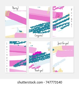 Hand drawn creative universal invitation greeting cards template. Abstract scribbles doodles bright colors.Birthday, wedding, party, social media banners templates. Isolated vector card templates.