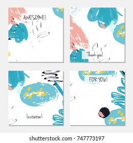 Hand drawn creative universal invitation greeting card template. Abstract scribbles doodles bright colors.Birthday, wedding, party, social media banners templates. Isolated vector card templates.