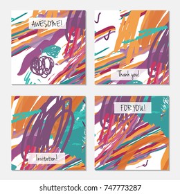 Hand drawn creative universal invitation greeting card template. Abstract scribbles doodles bright colors.Birthday, wedding, party, social media banners templates. Isolated vector card templates.
