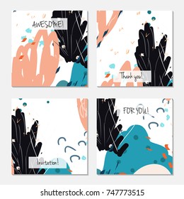 Hand drawn creative universal invitation greeting card template. Abstract scribbles doodles bright colors.Birthday, wedding, party, social media banners templates. Isolated vector card templates.