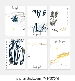 Hand drawn creative universal invitation greeting cards template. Abstract scribbles doodles bright colors.Birthday, wedding, party, social media banners templates. Isolated vector card templates.