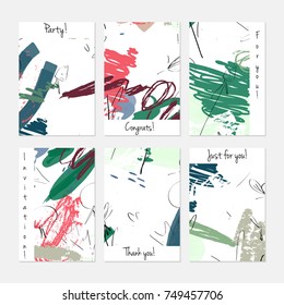 Hand drawn creative universal invitation greeting cards template. Abstract scribbles doodles bright colors.Birthday, wedding, party, social media banners templates. Isolated vector card templates.