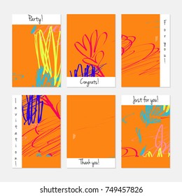 Hand drawn creative universal invitation greeting cards template. Abstract scribbles doodles bright colors.Birthday, wedding, party, social media banners templates. Isolated vector card templates.