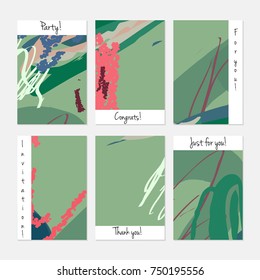 Hand drawn creative universal invitation greeting cards template. Abstract scribbles doodles bright colors.Birthday, wedding, party, social media banners templates. Isolated vector card templates.