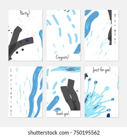Hand drawn creative universal invitation greeting cards template. Abstract scribbles doodles bright colors.Birthday, wedding, party, social media banners templates. Isolated vector card templates.