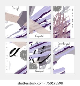 Hand drawn creative universal invitation greeting cards template. Abstract scribbles doodles bright colors.Birthday, wedding, party, social media banners templates. Isolated vector card templates.