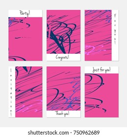 Hand drawn creative universal invitation greeting cards template. Abstract scribbles doodles bright colors.Birthday, wedding, party, social media banners templates. Isolated vector card templates.