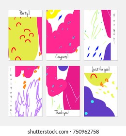 Hand drawn creative universal invitation greeting cards template. Abstract scribbles doodles bright colors.Birthday, wedding, party, social media banners templates. Isolated vector card templates.