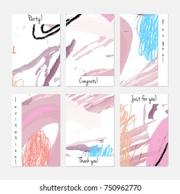 Hand drawn creative universal invitation greeting cards template. Abstract scribbles doodles bright colors.Birthday, wedding, party, social media banners templates. Isolated vector card templates.