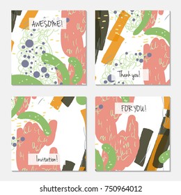 Hand drawn creative universal invitation greeting card template. Abstract scribbles doodles bright colors.Birthday, wedding, party, social media banners templates. Isolated vector card templates.