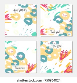 Hand drawn creative universal invitation greeting card template. Abstract scribbles doodles bright colors.Birthday, wedding, party, social media banners templates. Isolated vector card templates.
