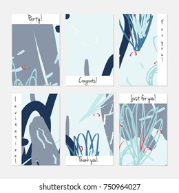 Hand drawn creative universal invitation greeting cards template. Abstract scribbles doodles bright colors.Birthday, wedding, party, social media banners templates. Isolated vector card templates.