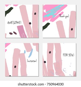 Hand drawn creative universal invitation greeting card template. Abstract scribbles doodles bright colors.Birthday, wedding, party, social media banners templates. Isolated vector card templates.