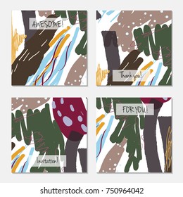 Hand drawn creative universal invitation greeting card template. Abstract scribbles doodles bright colors.Birthday, wedding, party, social media banners templates. Isolated vector card templates.