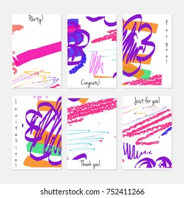 Hand drawn creative universal invitation greeting cards template. Abstract scribbles doodles bright colors.Birthday, wedding, party, social media banners templates. Isolated vector card templates.