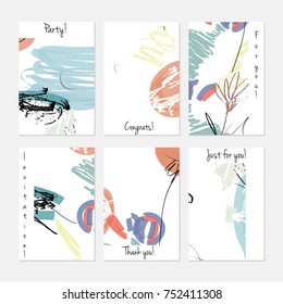 Hand drawn creative universal invitation greeting cards template. Abstract scribbles doodles bright colors.Birthday, wedding, party, social media banners templates. Isolated vector card templates.