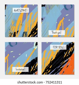 Hand drawn creative universal invitation greeting card template. Abstract scribbles doodles bright colors.Birthday, wedding, party, social media banners templates. Isolated vector card templates.