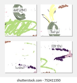 Hand drawn creative universal invitation greeting card template. Abstract scribbles doodles bright colors.Birthday, wedding, party, social media banners templates. Isolated vector card templates.