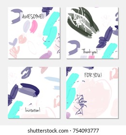 Hand drawn creative universal invitation greeting card template. Abstract scribbles doodles bright colors.Birthday, wedding, party, social media banners templates. Isolated vector card templates.