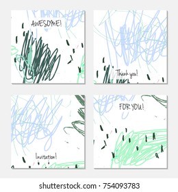 Hand drawn creative universal invitation greeting card template. Abstract scribbles doodles bright colors.Birthday, wedding, party, social media banners templates. Isolated vector card templates.