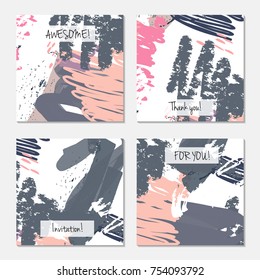 Hand drawn creative universal invitation greeting card template. Abstract scribbles doodles bright colors.Birthday, wedding, party, social media banners templates. Isolated vector card templates.