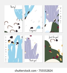 Hand drawn creative universal invitation greeting cards template. Abstract scribbles doodles bright colors.Birthday, wedding, party, social media banners templates. Isolated vector card templates.