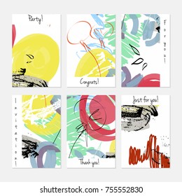 Hand drawn creative universal invitation greeting cards template. Abstract scribbles doodles bright colors.Birthday, wedding, party, social media banners templates. Isolated vector card templates.
