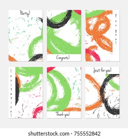 Hand drawn creative universal invitation greeting cards template. Abstract scribbles doodles bright colors.Birthday, wedding, party, social media banners templates. Isolated vector card templates.