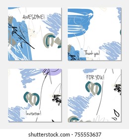 Hand drawn creative universal invitation greeting card template. Abstract scribbles doodles bright colors.Birthday, wedding, party, social media banners templates. Isolated vector card templates.