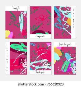 Hand drawn creative universal invitation greeting cards template. Abstract scribbles doodles bright colors.Birthday, wedding, party, social media banners templates. Isolated vector card templates.