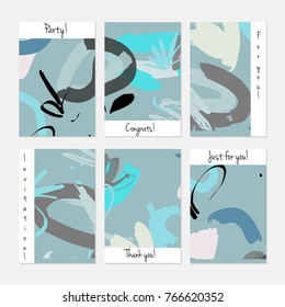 Hand drawn creative universal invitation greeting cards template. Abstract scribbles doodles bright colors.Birthday, wedding, party, social media banners templates. Isolated vector card templates.