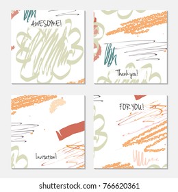 Hand drawn creative universal invitation greeting cards template. Abstract scribbles doodles bright colors.Birthday, wedding, party, social media banners templates. Isolated vector card templates.