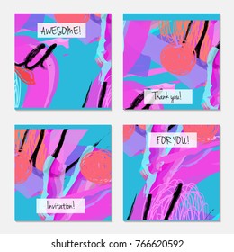 Hand drawn creative universal invitation greeting cards template. Abstract scribbles doodles bright colors.Birthday, wedding, party, social media banners templates. Isolated vector card templates.