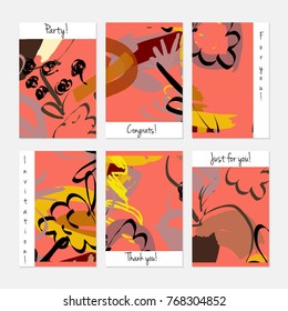 Plantilla de tarjetas de felicitación de invitación universal creativa dibujada a mano. Garabatos Abstractas garabatos colores brillantes. Cumpleaños, boda, fiesta, Anuncios de redes sociales Plantillas. Plantillas de tarjeta de Vector aisladas.