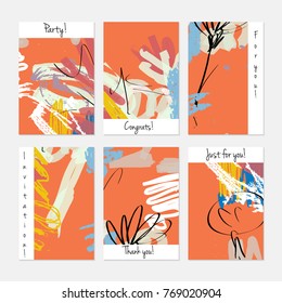 Hand drawn creative universal invitation greeting cards template. Abstract scribbles doodles bright colors.Birthday, wedding, party, social media banners templates. Isolated vector card templates.