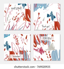 Hand drawn creative universal invitation greeting card template. Abstract scribbles doodles bright colors.Birthday, wedding, party, social media banners templates. Isolated vector card templates.
