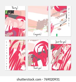 Hand drawn creative universal invitation greeting cards template. Abstract scribbles doodles bright colors.Birthday, wedding, party, social media banners templates. Isolated vector card templates.