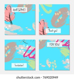 Hand drawn creative universal invitation greeting card template. Abstract scribbles doodles bright colors.Birthday, wedding, party, social media banners templates. Isolated vector card templates.