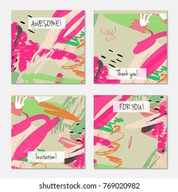 Hand drawn creative universal invitation greeting card template. Abstract scribbles doodles bright colors.Birthday, wedding, party, social media banners templates. Isolated vector card templates.