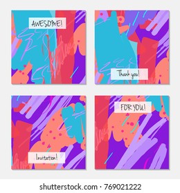 Hand drawn creative universal invitation greeting cards template. Abstract scribbles doodles bright colors.Birthday, wedding, party, social media banners templates. Isolated vector card templates.