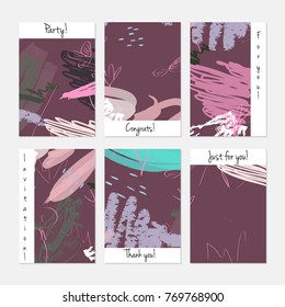 Hand drawn creative universal invitation greeting cards template. Abstract scribbles doodles bright colors.Birthday, wedding, party, social media banners templates. Isolated vector card templates.