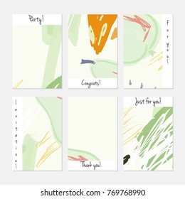 Hand drawn creative universal invitation greeting cards template. Abstract scribbles doodles bright colors.Birthday, wedding, party, social media banners templates. Isolated vector card templates.